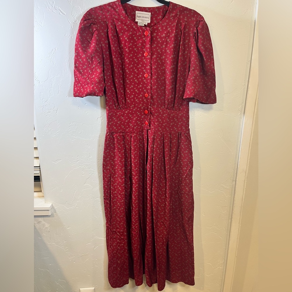 Vintage Karin Stevens Burgundy Pleated Peasant Dress Size 8